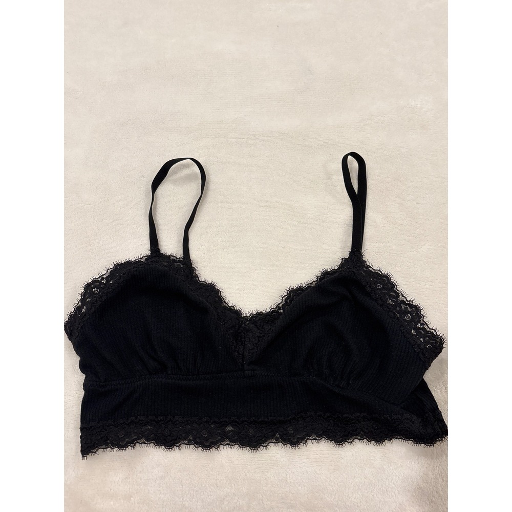 Aerie Black Ribbed Lace Trim Bralette Adjustable Straps Size M/M